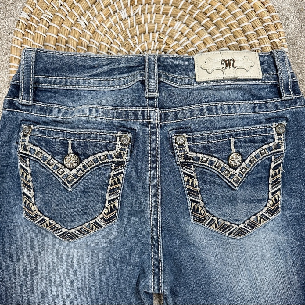 Miss Me Chloe Slim Boot Cut Jeans Mid Rise Border Stitch Flap Pockets Blue 27